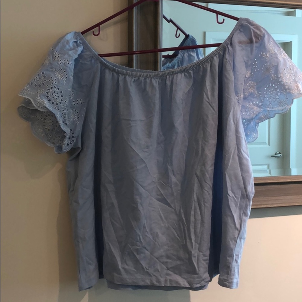 Light blue off the shoulder top with lace sleeves